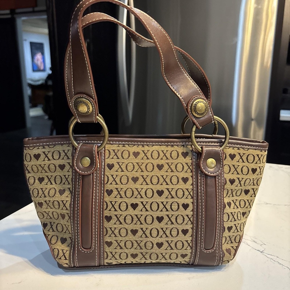 Vintage XOXO Shoulder Bag Purse Brown Canvas Studded Buckles Hobo Handbag Y2K